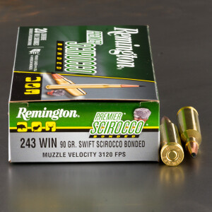20rds - 243 Win Remington Premier 90gr. Swift Scirocco Bonded Ammo
