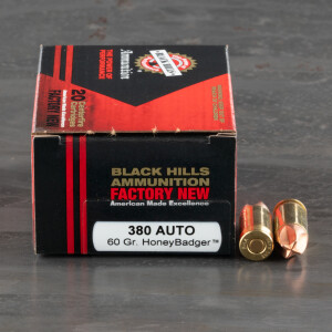 20rds – 380 Auto Black Hills 60gr. HoneyBadger Ammo