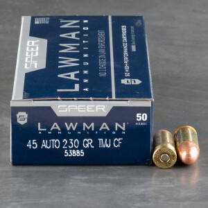 50rds - 45 ACP Speer Lawman 230gr. Cleanfire TMJ RN Ammo