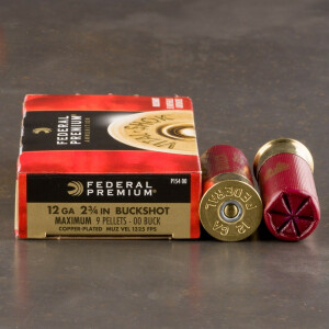 5rds - 12 Ga. Federal Premium 2 3/4" 9 Pellet Copper Plated 00 Buckshot Ammo