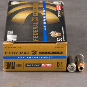 1000rds –  9mm Federal Premium Law Enforcement 124gr. Hydra-Shok JHP Ammo 