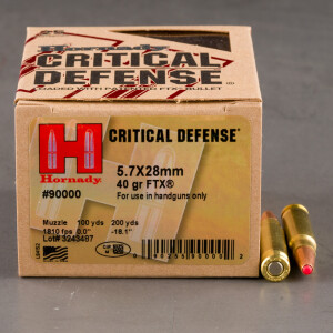 25rds – 5.7x28mm Hornady Critical Defense 40gr. JHP Ammo