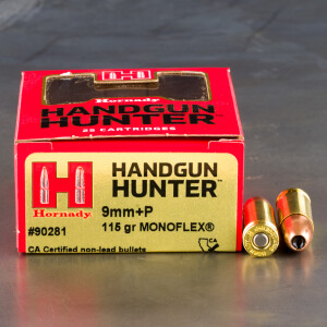 25rds – 9mm +P Hornady Handgun Hunter 115gr. MonoFlex Ammo