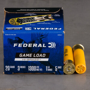 25rds – 20 Gauge Federal Game Load Hi-Brass 3" 1-1/4oz. #5 Shot Ammo