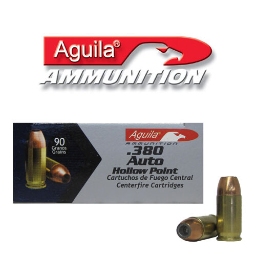 380 Auto (ACP) Ammunition for Sale. Aguila 90 Grain Jacketed Hollow-Point  (JHP) - 50 Rounds
