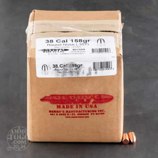 1000pcs  38  357 Cal 357 Dia Berrys 158gr Plated RN Bullets