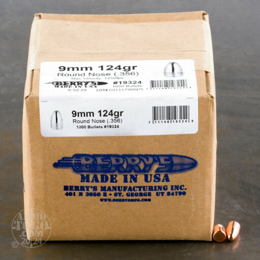 1000pcs - 9mm .356" Dia Berry's 124gr. Plated RN Bullets