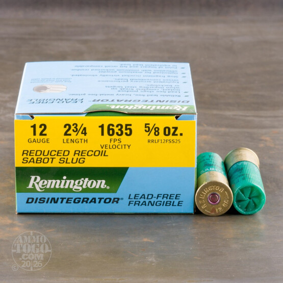 25rds - 12 Gauge Remington Disintegrator 2 3/4" 5/8oz. Reduced Recoil Lead Free Frangible Sabot Slug