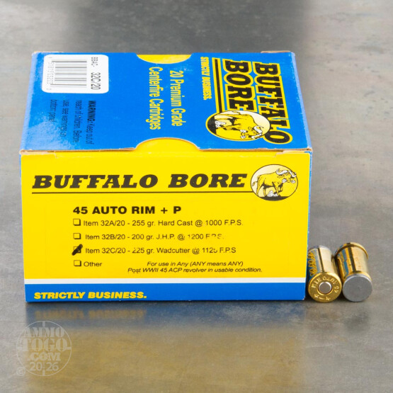 20rds - 45 Auto Rim Buffalo Bore 225gr. +P Wadcutter Ammo