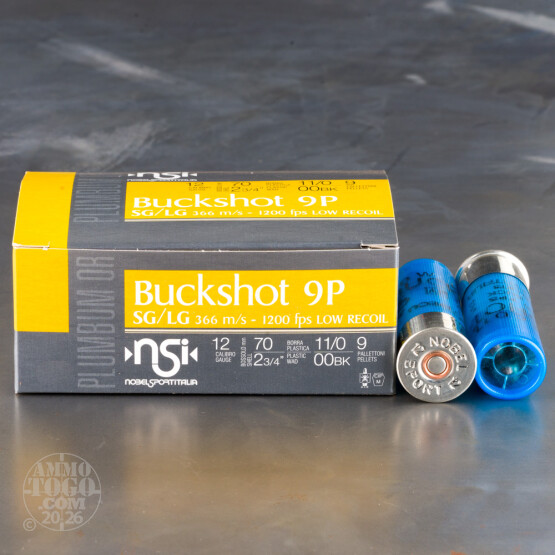 10rds – 12 Gauge Nobel Sport Italia Law Enforcement Low Recoil 2-3/4" 9-Pellet 00 Buckshot Ammo 