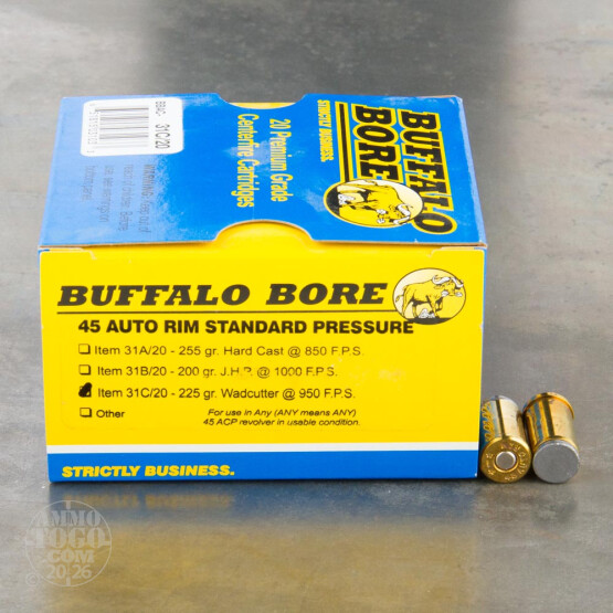 20rds - 45 Auto Rim Buffalo Bore Standard Pressure 225gr. Wadcutter Ammo