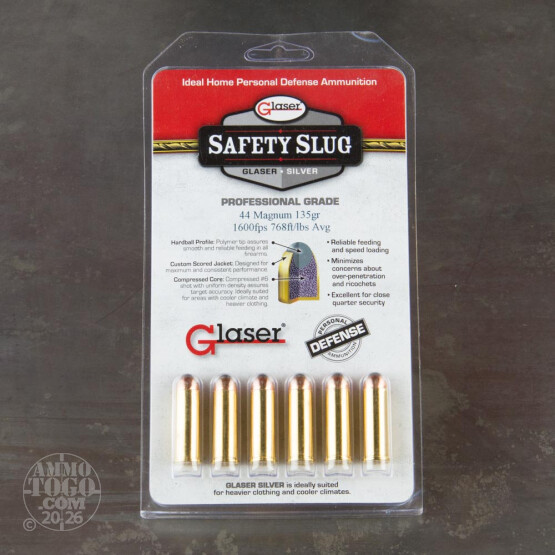 6rds - 44 Rem Mag Glaser Silver 135gr. Safety Slug Ammo