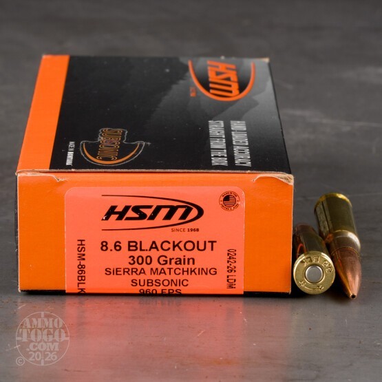 20rds – 8.6 Blackout HSM Subsonic 300gr. HPBT MatchKing Ammo