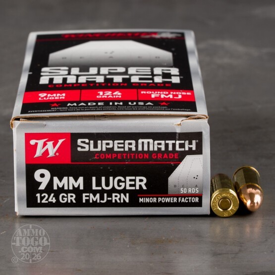 50rds – 9mm Winchester Super Match Minor Power Factor 124gr. FMJ RN Ammo