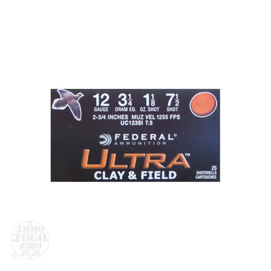 25rds – 12 Gauge Federal Ultra Clay & Field 2-3/4" 1-1/8 oz. #7.5 Shot Ammo