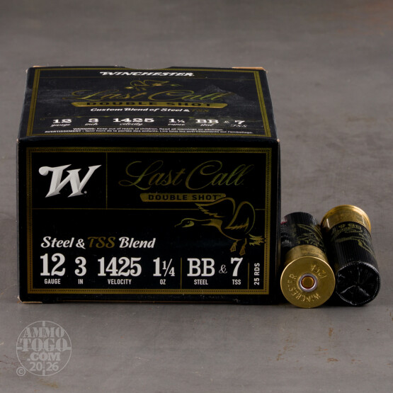 25rds – 12 Gauge Winchester Last Call Double Shot 3" 1-1/4oz. BB Steel Shot & #7 TSS Ammo