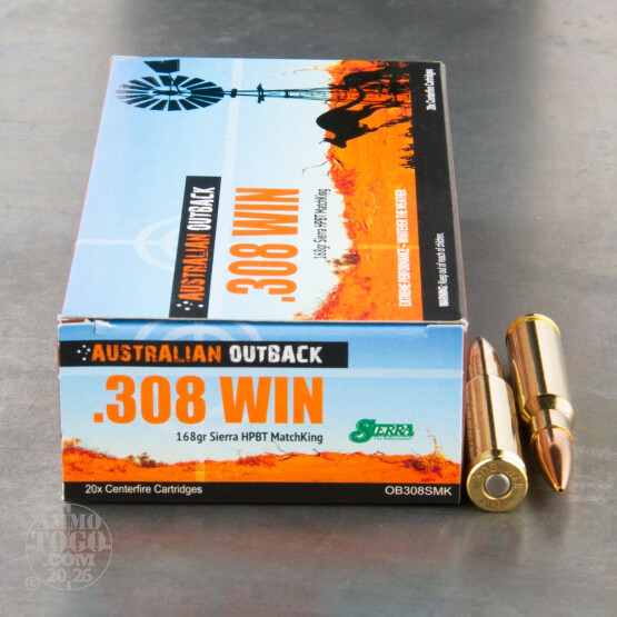 20rds - .308 Win Australian Outback 168gr. Sierra MatchKing HPBT Ammo