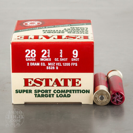 25rds - 28 Gauge Estate Super Sport Competition 2 3/4" 2 Dram 3/4 oz. #9 Shot Ammo