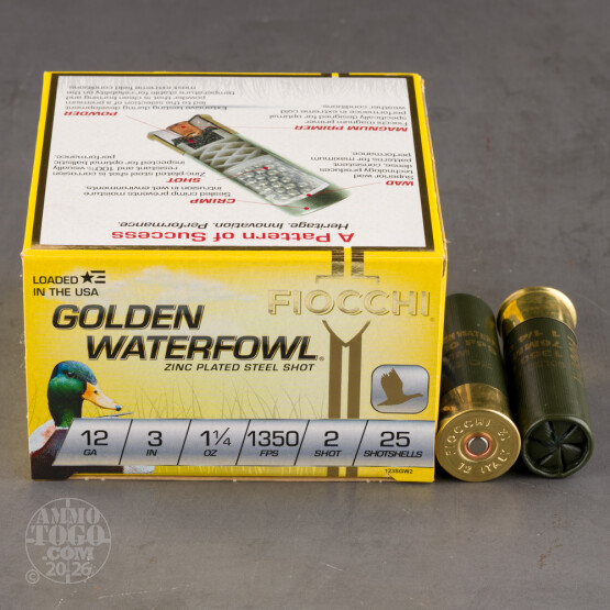 25rds - 12 Ga. Fiocchi Golden Waterfowl 3" 1 1/4oz #2 Steel Shot
