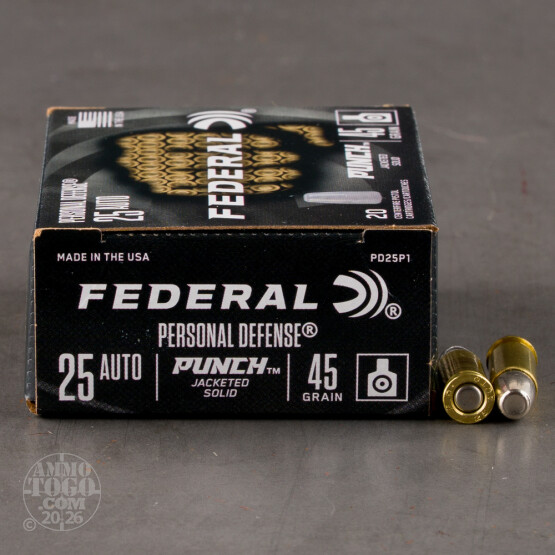 20rds – 25 ACP Federal Punch 45gr. Jacketed Solid Ammo