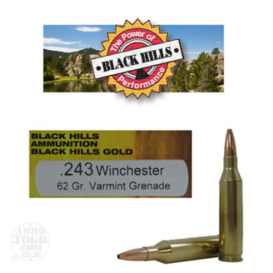 20rds - 243 Win Black Hills Gold 62gr. Varmint Grenade HP Ammo