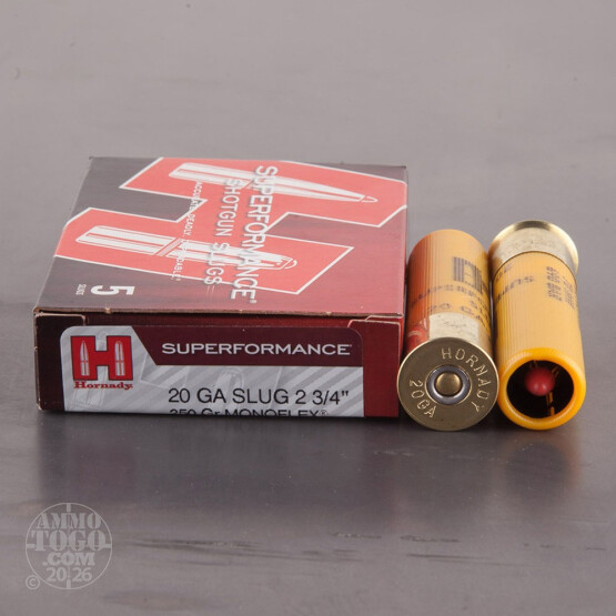 5rds - 20 Gauge Hornady Superformance 2 3/4" 250gr. Monoflex Sabot Slug Ammo