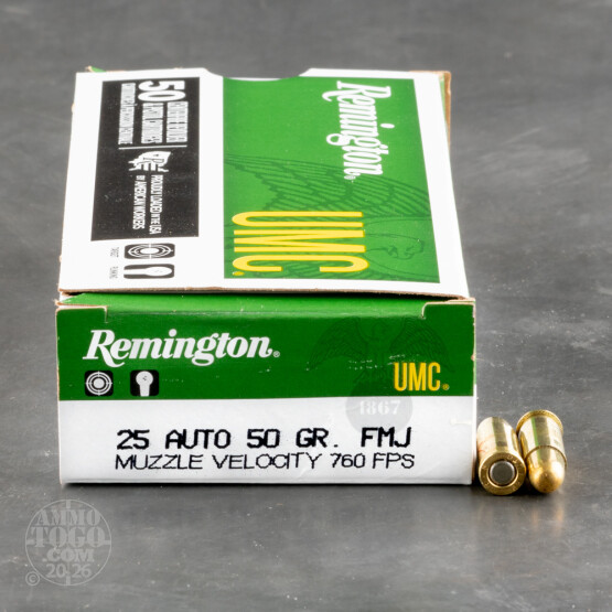 50rds – 25 Auto Remington UMC 50gr. FMJ Ammo