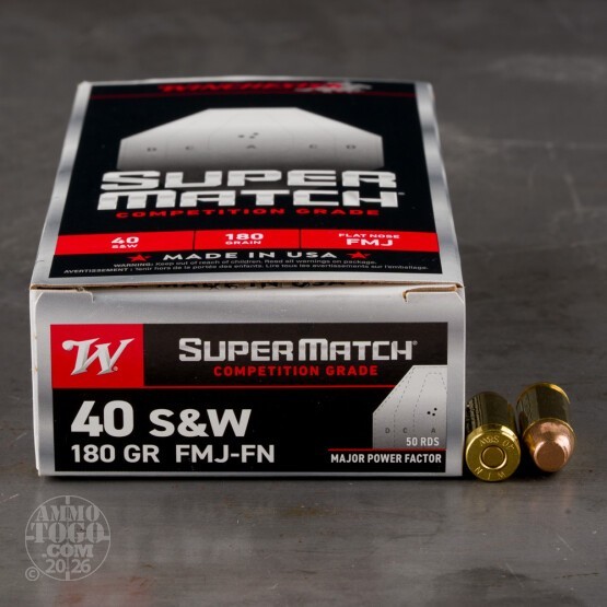 50rds – 40 S&W Winchester Super Match Major Power Factor 180gr. FMJ FN Ammo