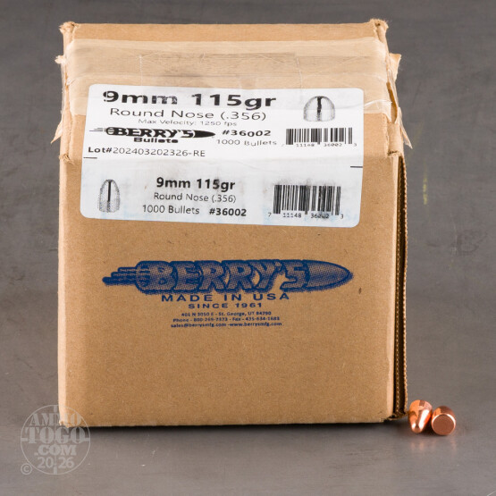 1000pcs - 9mm .356" Dia Berry's 115gr. Plated RN Bullets