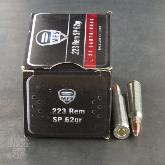 100rds - 223 MFS 62gr. Soft Point Zinc Plated Steel Case Ammo