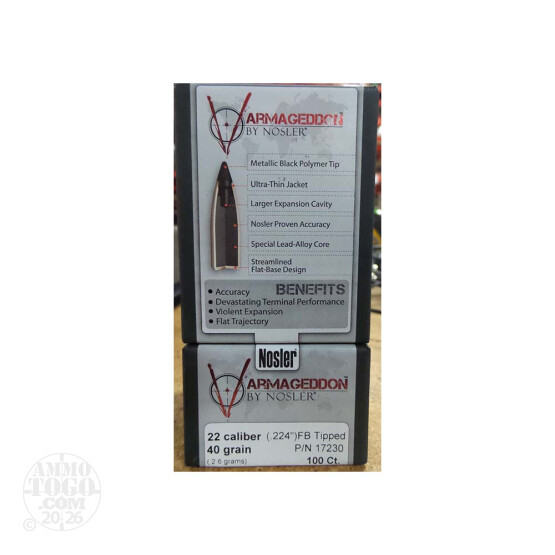 100pcs - 22 Cal .224" Dia Nosler Varmageddon 40gr. Flat Base Ballistic Tip Bullets