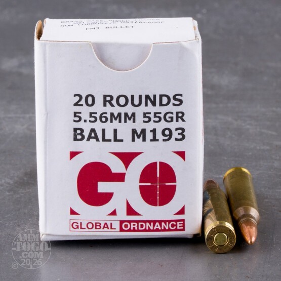 20rds – 5.56x45 Global Ordnance 55gr. FMJ M193 Ammo