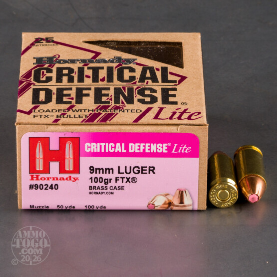 250rds – 9mm Hornady Critical Defense Lite 100gr. FTX Ammo