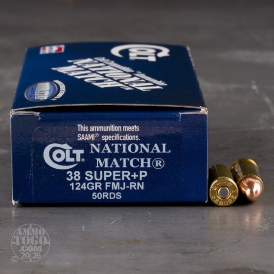 50rds – 38 Super +P Colt National Match 124gr. FMJ Ammo