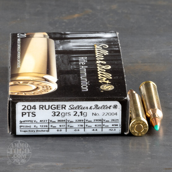 20rds – 204 Ruger Sellier & Bellot PTS 32gr. Ballistic Tip Ammo