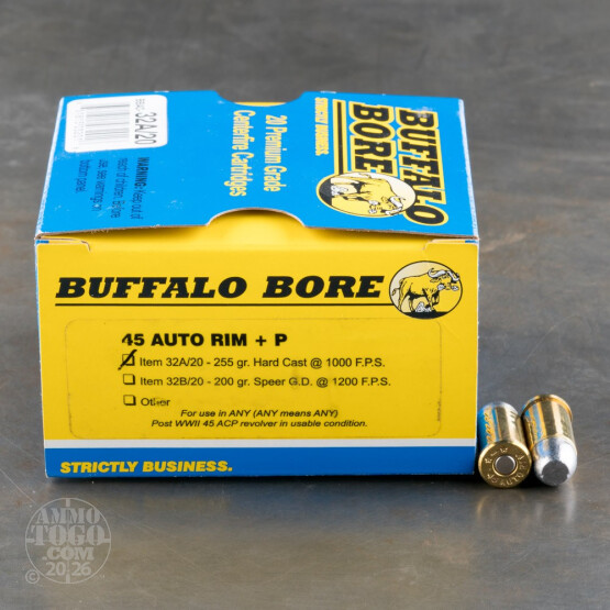 20rds - 45 Auto Rim Buffalo Bore 255gr. +P Hardcast Ammo