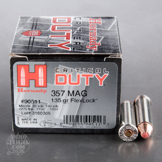 250rds – 357 Magnum Hornady Critical Duty 135gr. JHP Ammo