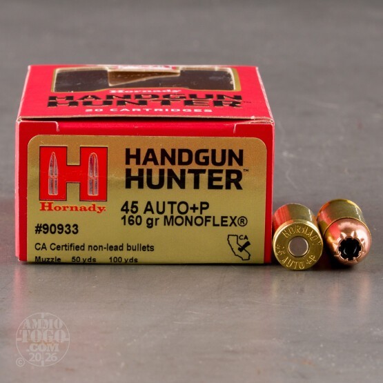 20rds – 45 ACP +P Hornady Handgun Hunter 160gr. MonoFlex Ammo