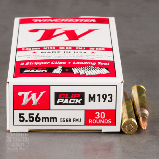 30rds – 5.56x45 Winchester 55gr. FMJ M193 Ammo on Stripper Clips With Loader