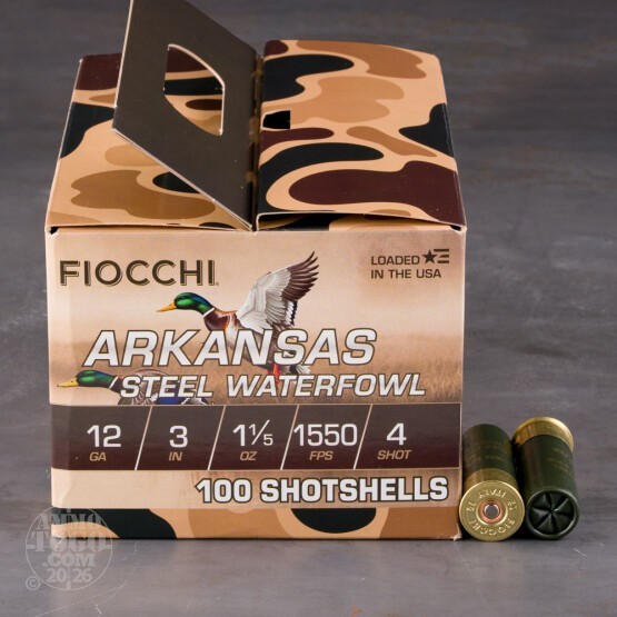 100rds – 12 Gauge Fiocchi Arkansas Steel 3" 1-1/5oz. #4 Steel Shot Ammo
