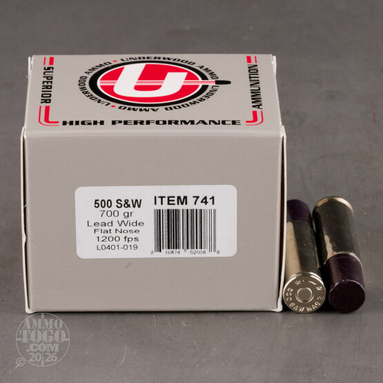 20rds – 500 S&W Underwood 700gr. Wide Flat Nose Hard Cast Ammo