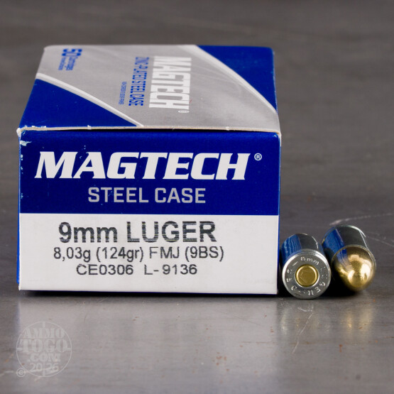 50rds – 9mm Magtech Steel 124gr. FMJ Ammo *STEEL CASES*