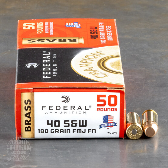 50rds - 40 S&W Federal Champion 180gr. FMJ FN Ammo