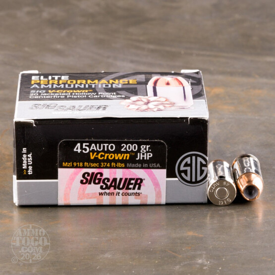 20rds - 45 ACP Sig Sauer Elite Performance Ammunition 200gr. V-Crown JHP Ammo