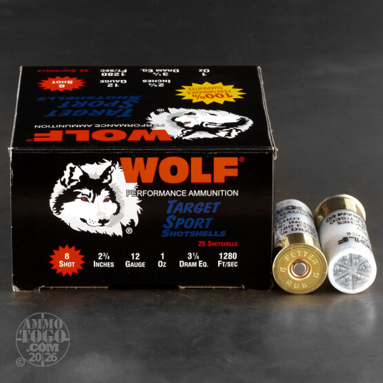 250rds – 12 Gauge Wolf Target Sport 2-3/4" 1oz. #8 Shot Ammo
