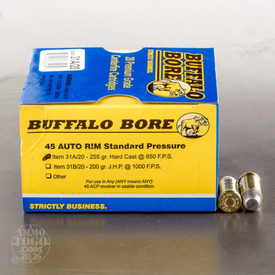 20rds - 45 Auto Rim Buffalo Bore 255gr. Standard Pressure HCFN Ammo