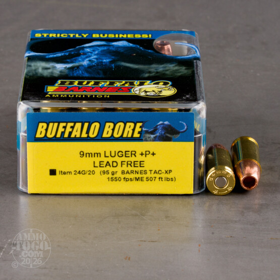 20rds - 9mm Buffalo Bore 95gr. TAC-XP +P+ Lead Free Ammo
