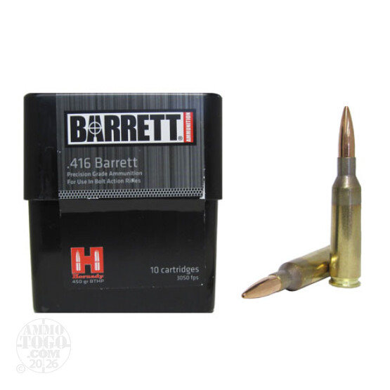 10rds - 416 Barrett Hornady 450gr. BTHP Ammo.