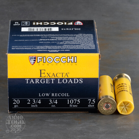 25rds - 20 Gauge Fiocchi 2 3/4" 3/4oz. #7 1/2 Shot Trainer Ammo