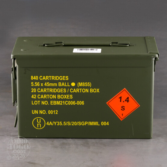 840rds – 5.56x45 Lahab 62gr. FMJ M855 Ammo in Ammo Can
